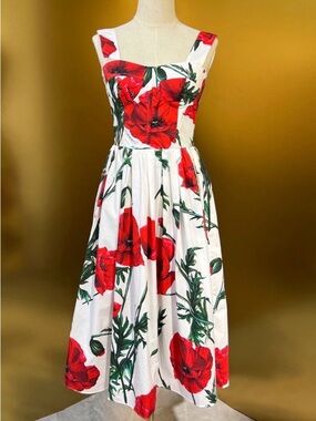 Red Poppy Print White Dress Size XL
